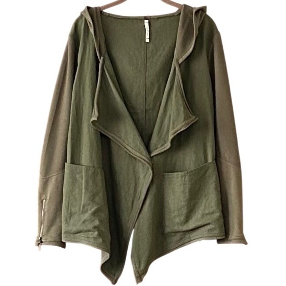 Willow & Clay Womens Olive Green Hooded Waterfall Jacket Asymmetrical Cardigan L